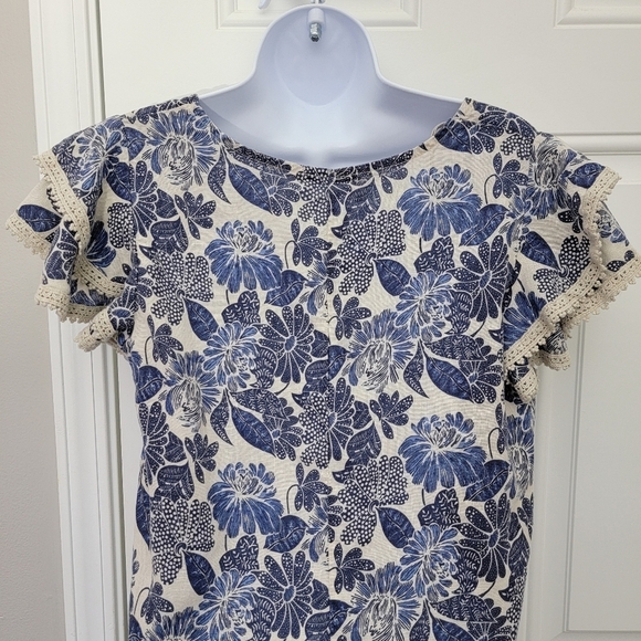 Luisa Perla Made In Italy Crochet Trim Flutter Sleeve Blue Tan Linen Dress Small - Picture 7 of 11